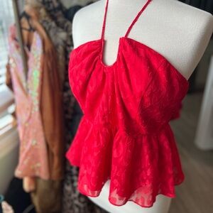 Milly Vibrant Red Peplum Halter Blouse L